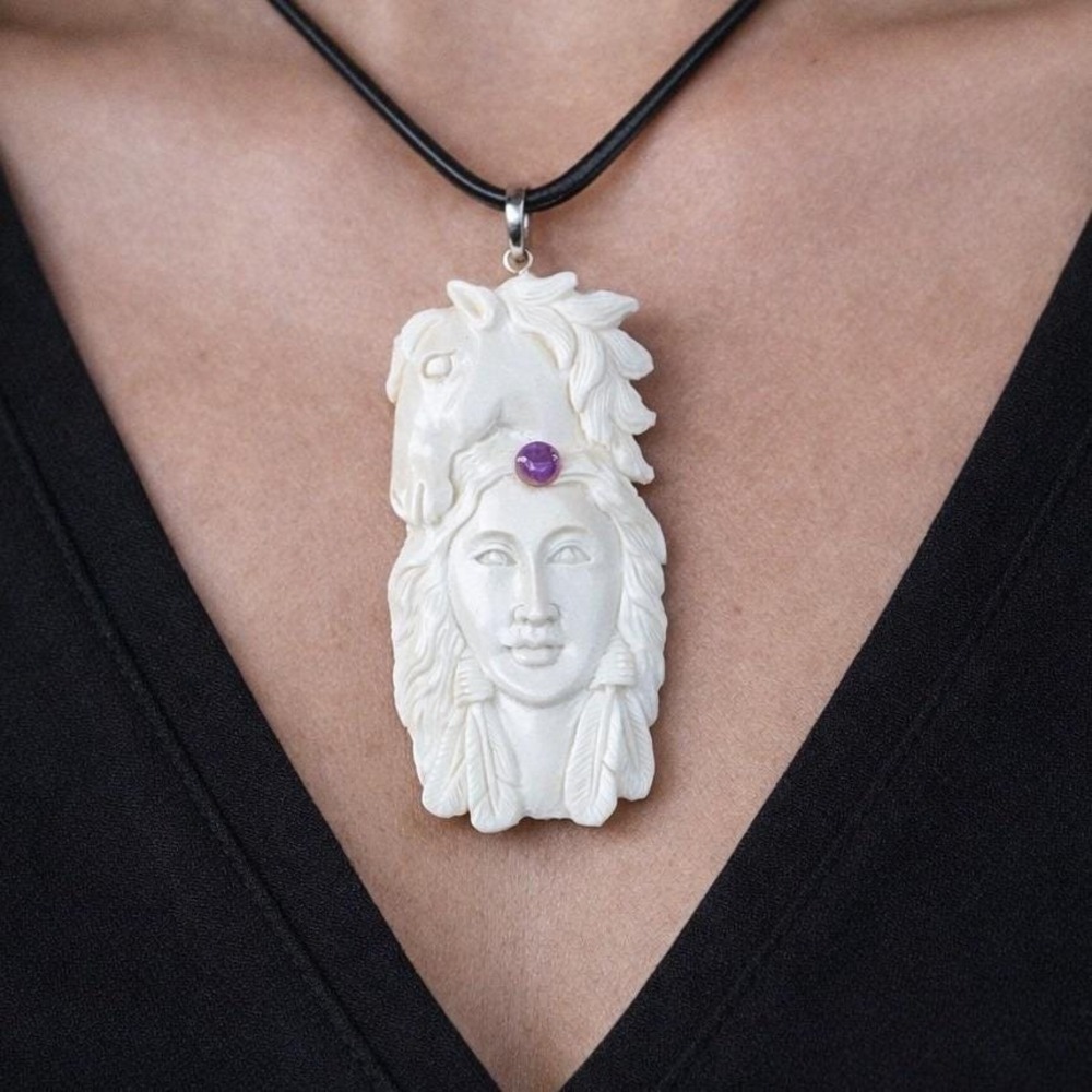 Vintage Carved Woman Horse Pendant Necklace Purple Stone